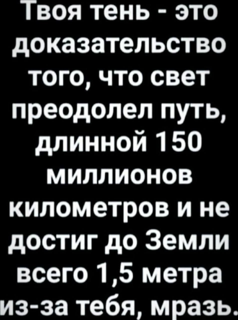 Твоя тень - это доказательство того, что свет преодолел путь, длиной 150 миллионов километров и не достиг до Земли всего 1,5 метра из-за тебя, мразь.