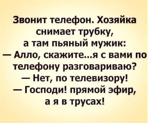 Звонит телефон. Хозяйка снимает трубку, а там пьяный мужик: — Алло, скажите...я с вами по телефону разговариваю? — Нет, по телевизору! — Господи! прямой эфир, а я в трусах!