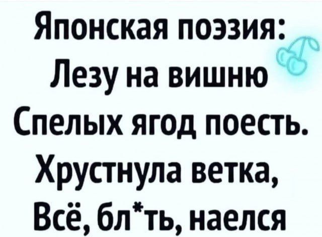 Японская поэзия: Лезу на вишню Спелых ягод поесть. Хрустнула ветка, Всё, бл*ть, наелся.