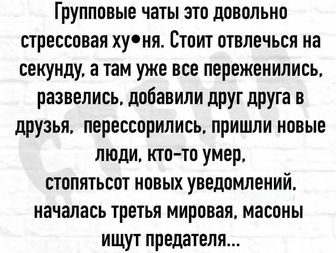 Групповые чаты это довольно стрессовая ху•ня. Стоит отвлечься на секунду, а там уже все переженились, развелись, добавили друг друга в друзья, пересорились, пришли новые люди, кто-то умер, сто пампчьчть новых уведомлений, началась третья мировая, масоны ищут предателя...