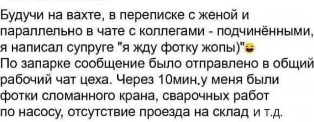 Будучи на вахте, в переписке с женой и параллельно в чате с коллегами - подчинёнными, я написал супруге 