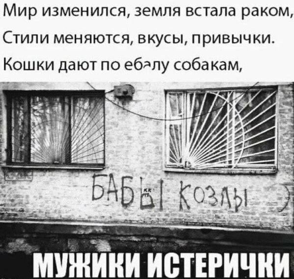 Мир изменился, земля встала раком, Стили меняются, вкусы, привычки. Кошки дают по ебалу собакам, БАБЫ КОЗЫ МУЖИКИ ИСТЕРИЧКИ