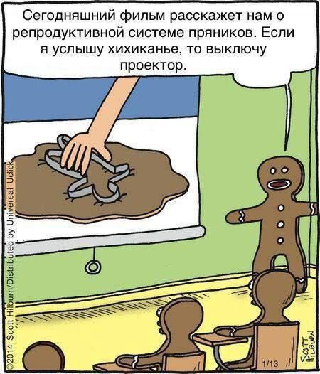 Сегодняшний фильм расскажет нам о репродуктивной системе пряников. Если я услышу хихиканье, то выключу проектор.