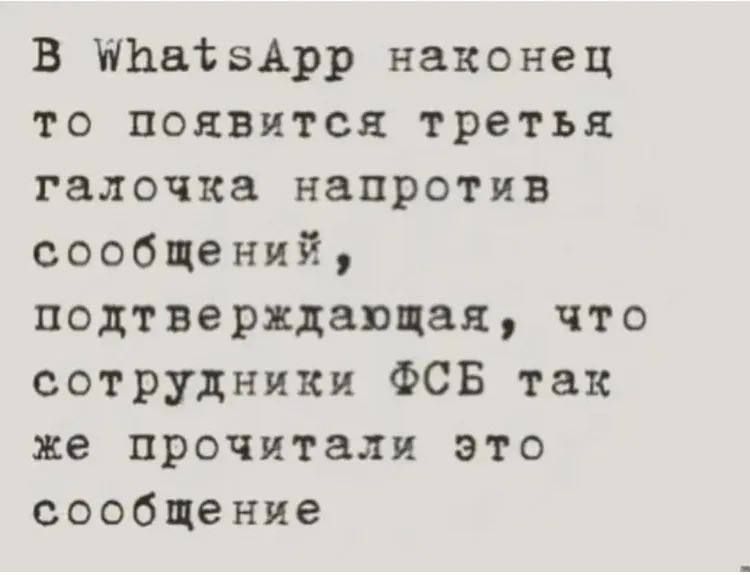 В WhatsApp наконец то появится третья галочка напротив сообщений, подтверждающая, что сотрудники ФСБ так же прочитали это сообщение
