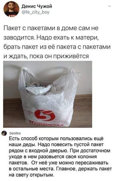 Пакет с пакетами в доме сам не заводится. Надо ехать к матери, брать пакет из её пакета с пакетами и ждать, пока он приживётся.

Есть способ которым пользовались ещё наши деды. Надо повесить пустой пакет рядом с входной дверью. При достаточном уходе в нем разовьётся своя колония пакетов. От неё уже можно пересаживать в остальные места. Главное, держать пакет на свету открытым.