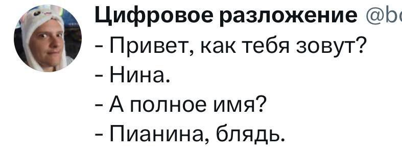 - Привет, как тебя зовут?
- Нина.
- А полное имя?
- Пианина, блядь.