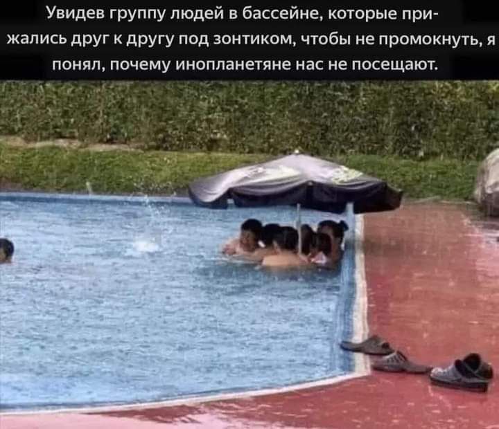 Увидев группу людей в бассейне, которые прижались друг к другу под зонтиком, чтобы не промокнуть, я понял, почему инопланетяне нас не посещают.