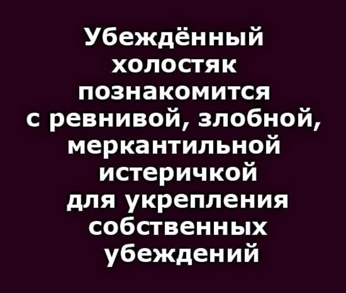 Убеждённый холостяк познакомится с ревнивой, злобной, меркантильной истеричкой для укрепления собственных убеждений