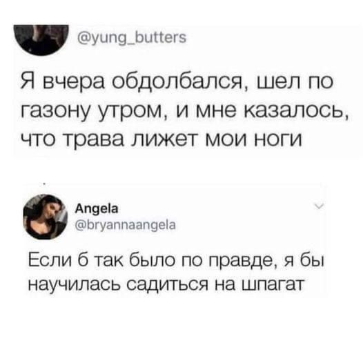 Я вчера обдолбался, шел по газону утром, и мне казалось, что трава лижет мои ноги
Если б так было по правде, я бы научилась садиться на шпагат