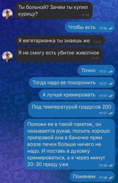 Ты больной? Зачем ты купил курицу?
Чтобы есть
Я вегетарианка ты знаешь же
Я не смогу есть убитое животное
Точно
Тогда надо ее похоронить
А лучше кремировать
Под температурой градусов 200
Положи ее в такой пакетик, он называется рукав, посыпь хорошо приправой она в баночке прям возле печки больше ничего не надо. И поставь в духовку кремироваться, а я через минут 20-30 приду уже
Поймем