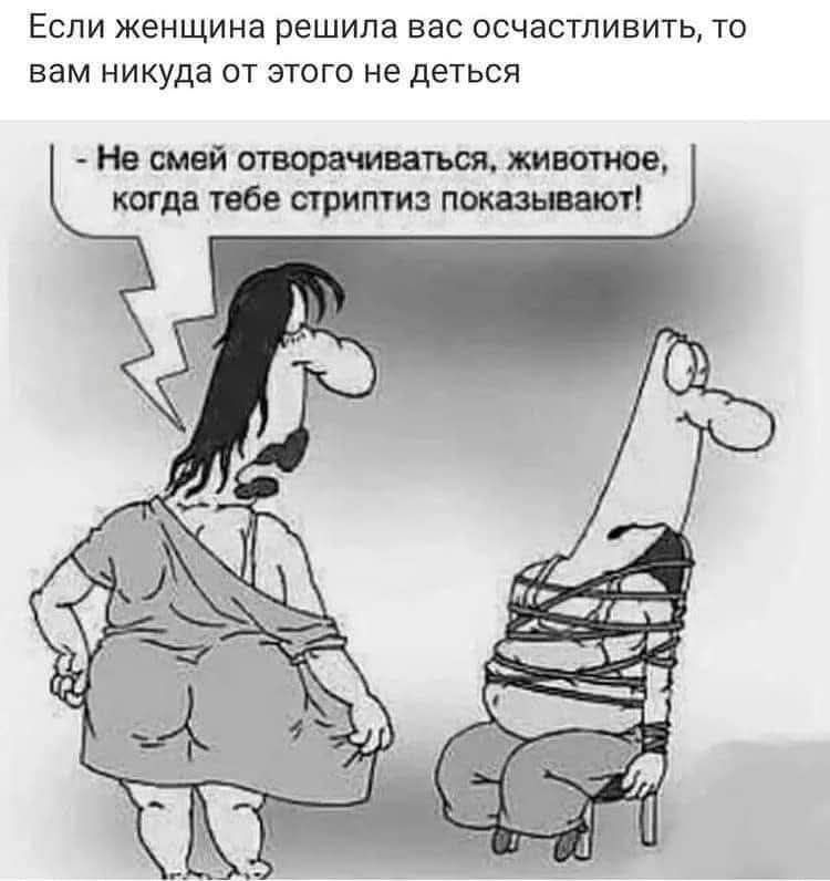 Если женщина решила вас осчастливить, то вам никуда от этого не деться.
- Не смей отворачиваться, животное, когда тебе стриптиз показывают!