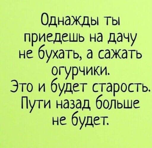 Однажды ты приедешь на дачу не бухать, а сажать огурчики. Это и будет старость. Пути назад больше не будет.