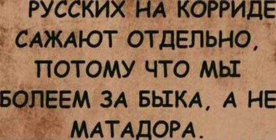 РУССКИХ НА КОРРИДЕ САЖАЮТ ОТДЕЛЬНО, ПОТОМУ ЧТО МЫ БОЛЕЕМ ЗА БЫКА, А НЕ МАТАДОРА.