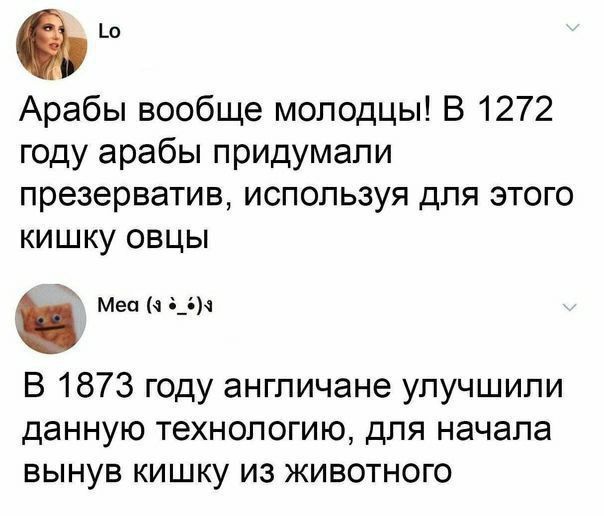Арабы вообще молодцы! В 1272 году арабы придумали презерватив, используя для этого кишку овцы.
В 1873 году англичане улучшили данную технологию, для начала вынув кишку из животного.