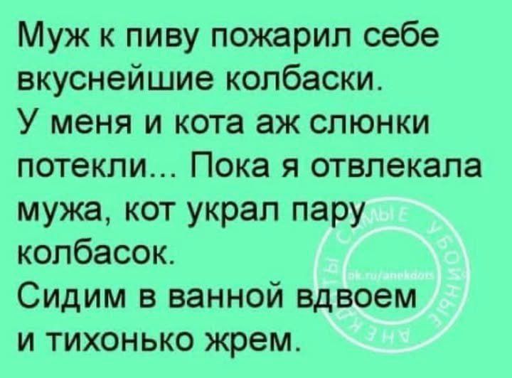 Муж к пиву пожарил себе вкуснейшие колбаски. У меня и кота аж слонки потекли... Пока я отвлекала мужа, кот украл пару колбасок. Сидим в ванной вдвоем и тихонько жрем.