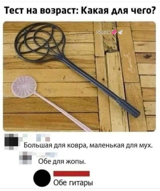Тест на возраст: Какая для чего? Большая для COBRA, маленькая для мух. Обе для жопы. Обе гитары.