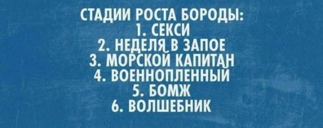 СТАДИИ РОСТА БОРОДЫ: 1. СЕКСИ 2. НЕДЕЛЯ В ЗАПОЕ 3. МОРСКОЙ КАПИТАН 4. ВОЕННОПЛЕННЫЙ 5. БОМЖ 6. ВОЛШЕБНИК