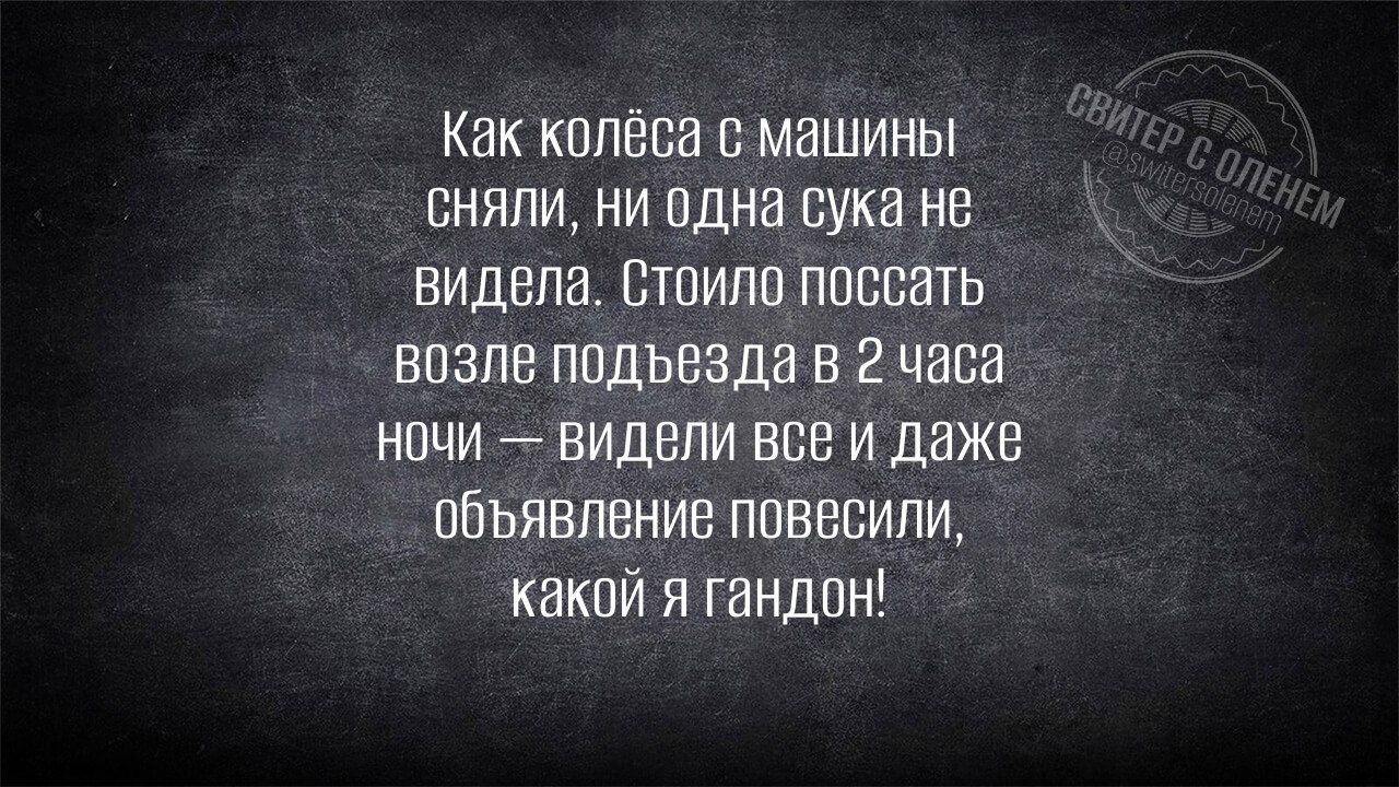 Как колёса с машины сняли, ни одна сука не видела. Стоило поссать возле подъезда в 2 часа ночи — видели все и даже объявление повесили, какой я гандон!