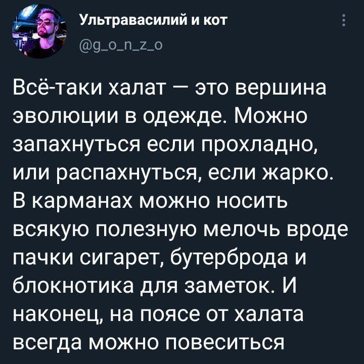 Всё-таки халат — это вершина эволюции в одежде. Можно запахнуться если прохладно, или распахнуться, если жарко. В карманах можно носить всякую полезную мелочь вроде пачки сигарет, бутерброда и блокнотика для заметок. И наконец, на поясе от халата всегда можно повеситься.