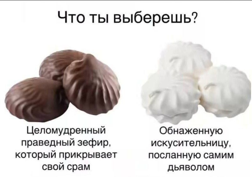 Что ты выберешь? Целомудренный праведный зефир, который прикрывает свой срам. Обнаженную искусительницу, посланную самим дьяволом.