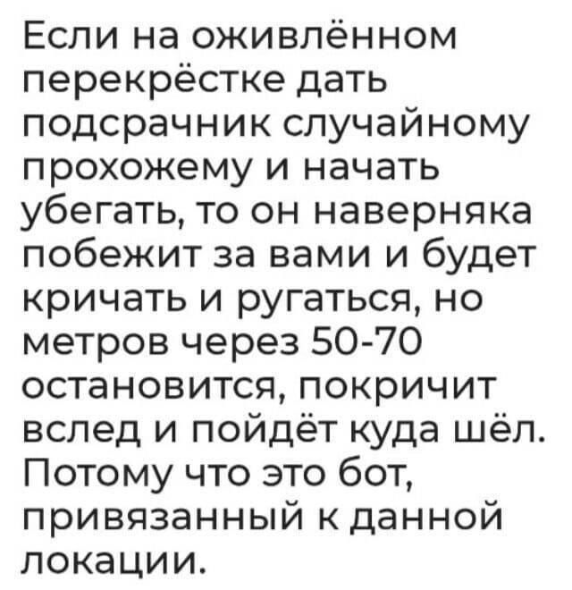 Если на оживлённом перекрёстке дать подсрачник случайному прохожему и начать убегать, то он наверняка побежит за вами и будет кричать и ругаться, но метров через 50-70 остановится, покричит вслед и пойдёт куда шёл. Потому что это бот, привязанный к данной локации.