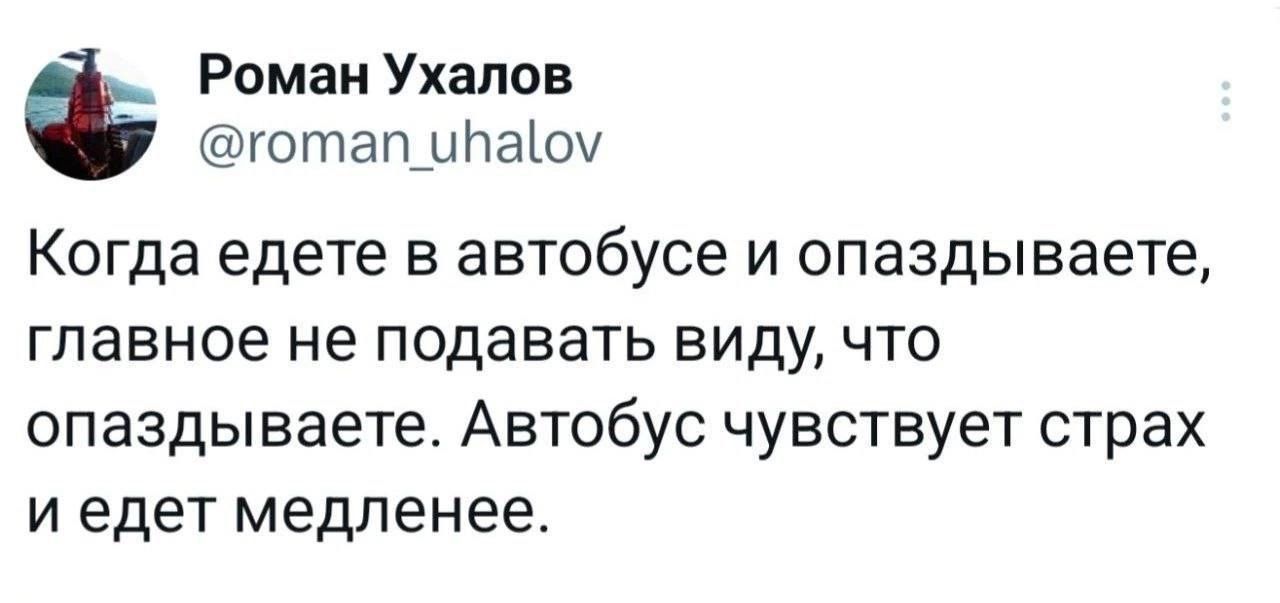 Когда едете в автобусе и опаздываете, главное не подавать виду, что опаздываете. Автобус чувствует страх и едет медленнее.