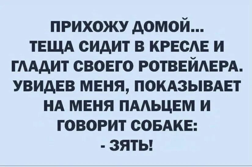 ПРИХОЖУ ДОМОЙ... ТЕЩА СИДИТ В КРЕСЛЕ И ГЛАДИТ СВОЕГО РОТВЕЙЛЕРА, УВИДЕВ МЕНЯ, ПОКАЗЫВАЕТ НА МЕНЯ ПАЛЬЦЕМ И ГОВОРИТ С СОБАКЕ: - ЗЯТЬ!