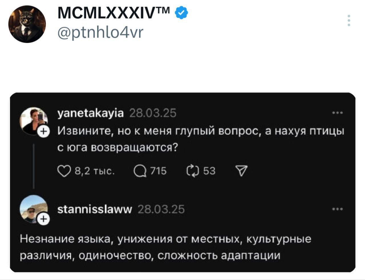 Извините, но у меня глупый вопрос, а нахуй птицы с юга?