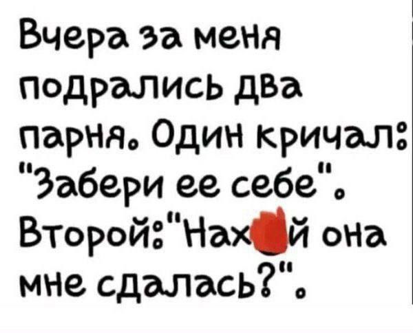 Вчера за меня подрались два парня. Один кричал: 'Забери ее себе'. Второй: 'Нахуй она мне сдалась?'