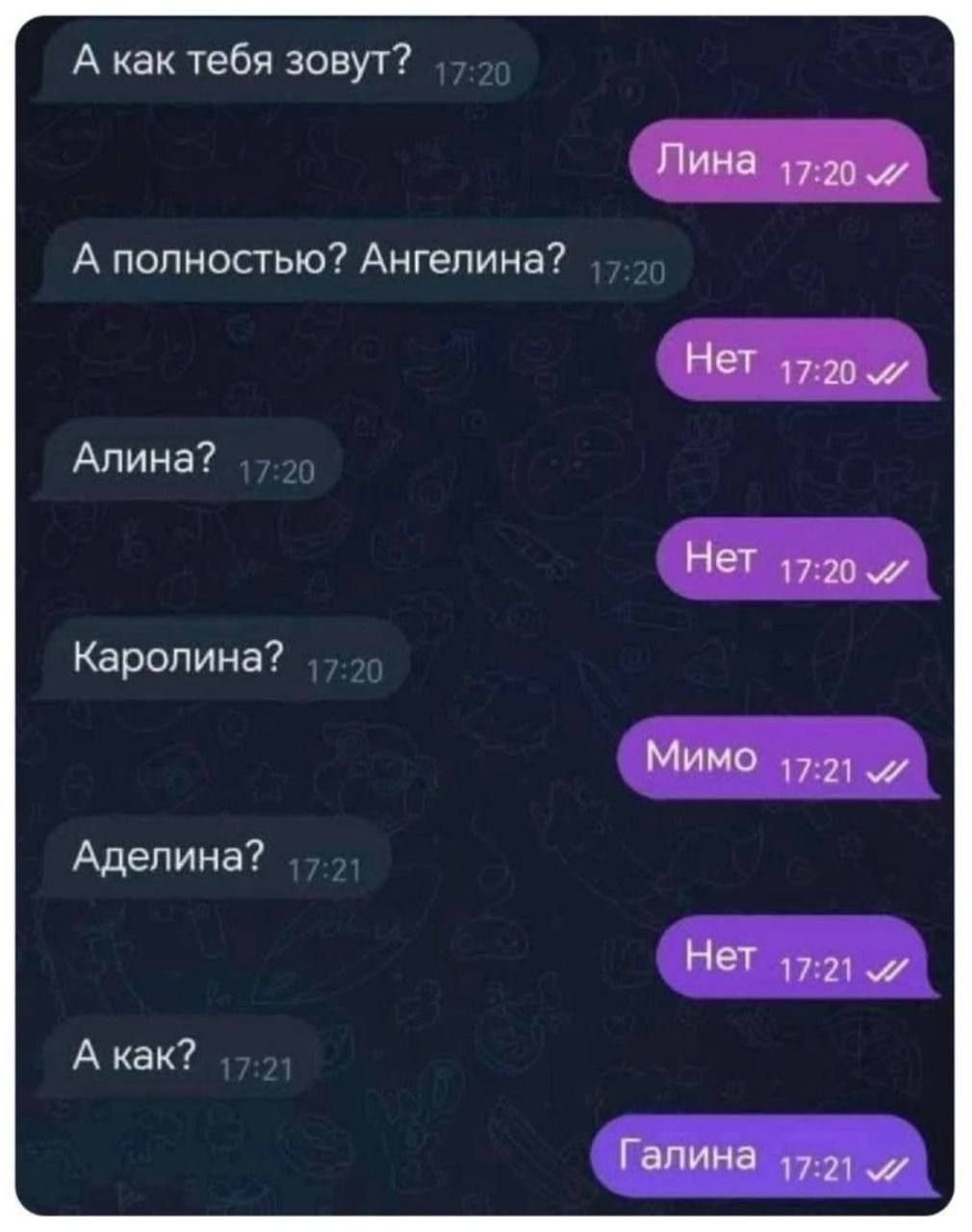 А как тебя зовут? 
Лина
А полностью? Ангелина? 
Нет
Алина? 
Нет
Каролина? 
Мимо
Аделина? 
Нет
А как? 
Галина