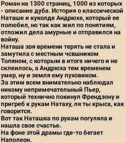 Роман на 1300 страниц, 1000 из которых - описание дуба. История о классической Наташе и куклод Андрюхе, который ее полюбил, но так как жил по понятиям, отложил дела амурные и отправился на войну. Наташа зрa времени терять не стала и замутила с местным чшшником Толян, с которым в итоге ничего и не склеилось, а Андрюха тем временем умер, ну и земля ему пуховиком. За этим всем внимательно наблюдал никому непримечательный Пьер, который технично покинул Френдружу и пригрел к рукам Натаху, ля ты крыса, как говорят. Вот так Наташка по рукам погуляла и нашла свое счастье. На фоне этой драмы где-то бегает Наполеон.