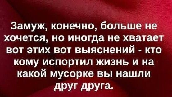 Замуж, конечно, больше не хочется, но иногда не хватает вот этих вот выяснений - кто кому испортил жизнь и на какой мусорке вы нашли друг друга.