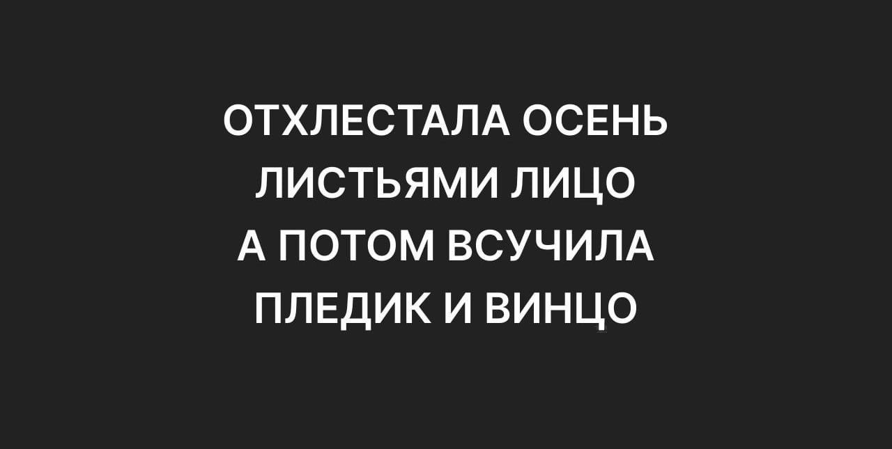 ОТХЛЕСТАЛА ОСЕНЬ ЛИСТЬЯМИ ЛИЦО А ПОТОМ ВСУЧИЛА ПЛЕДИК И ВИНЦО