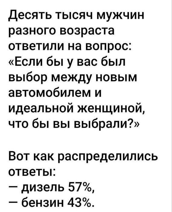Десять тысяч мужчин разного возраста ответили на вопрос: «Если бы у вас был выбор между новым автомобилем и идеальной женщиной, что бы вы выбрали?» Вот как распределились ответы: – дизель 57%, – бензин 43%.