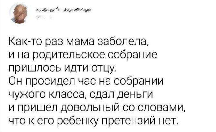Как-то раз мама заболела, и на родительское собрание пришлось идти отцу. Он просидел час на собрании чужого класса, сдал деньги и пришел довольный со словами, что к его ребенку претензий нет.