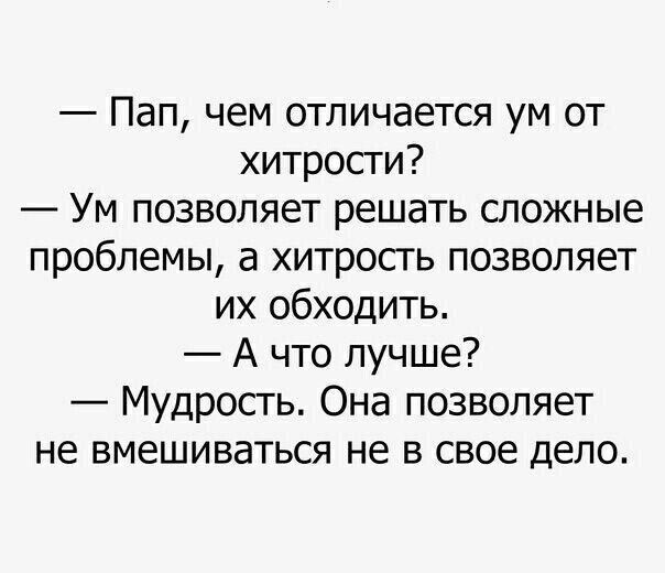 — Пап, чем отличается ум от хитрости? 
— Ум позволяет решать сложные проблемы, а хитрость позволяет их обходить. 
— А что лучше? 
— Мудрость. Она позволяет не вмешиваться не в свое дело.