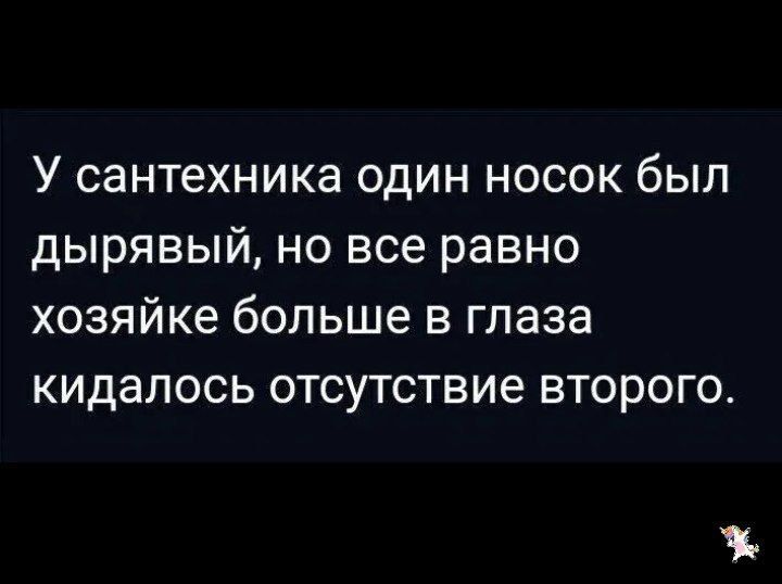У сантехника один носок был дырявый, но все равно хозяйке больше в глаза кидалось отсутствие второго.
