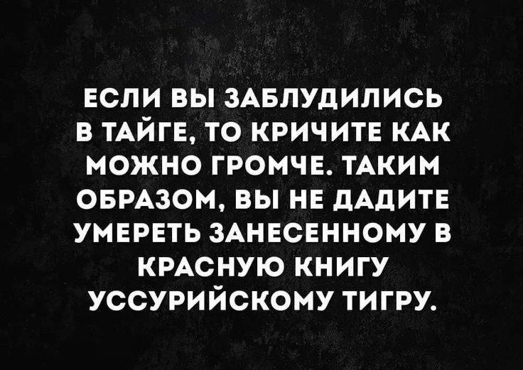 ЕСЛИ ВЫ ЗАБЛУДИЛИСЬ В ТАЙГЕ, ТО КРИЧИТЕ КАК МОЖНО ГРОМЧЕ. ТАКИМ ОБРАЗОМ, ВЫ НЕ ДАДИТЕ УМЕРЕТЬ ЗАНЕСЕННОМУ В КРАСНУЮ КНИГУ УССУРИЙСКОМУ ТИГРУ.