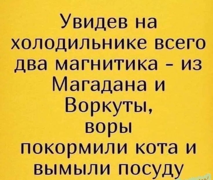 Увидев на холодильнике всего два магнитика - из Магадана и Воркуты, воры покормили кота и вымыли посуду