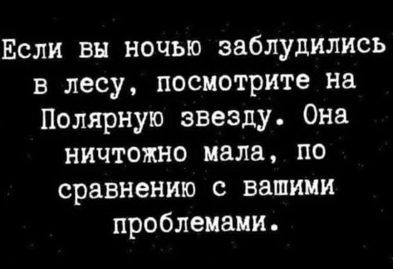 Если вы ночью заблудились в лесу, посмотрите на Полярную звезду. Она ничтожно мала, по сравнению с вашими проблемами.