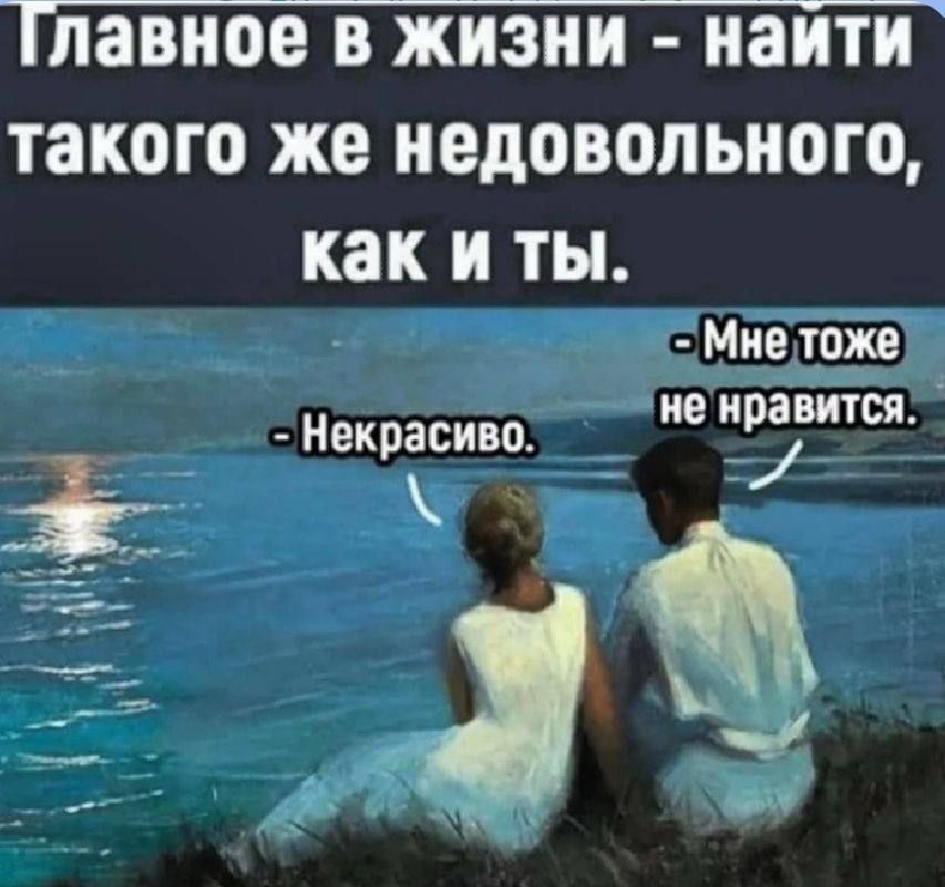 Главное в жизни - найти такого же недовольного, как и ты. - Мне тоже не нравится. - Некрасиво. - Мне тоже не нравится.