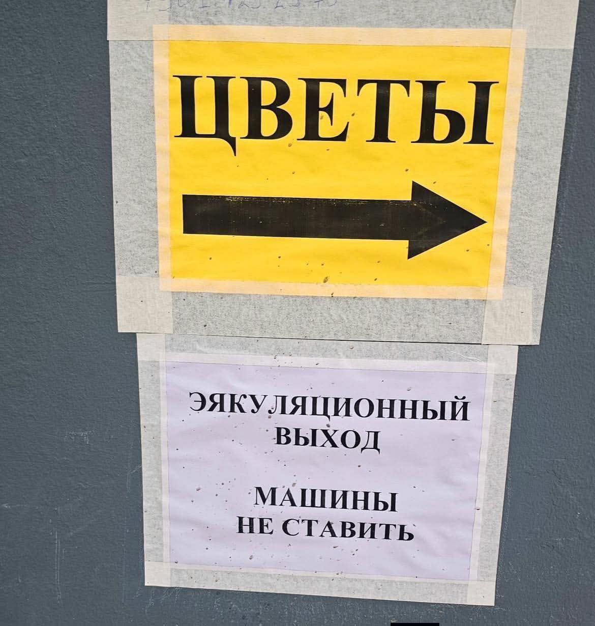 ЦВЕТЫ → Эвакуационный выход. Машины не ставить