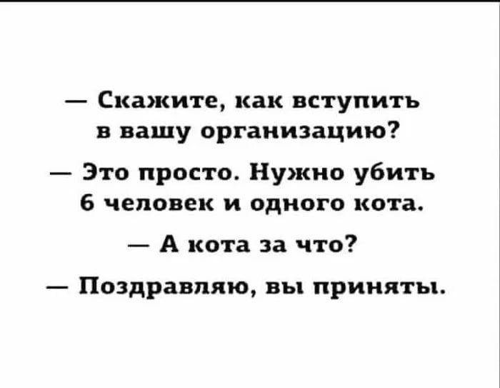 — Скажите, как вступить в вашу организацию? 
— Это просто. Нужно убить 6 человек и одного кота. 
— А кота за что? 
— Поздравляю, вы приняты.