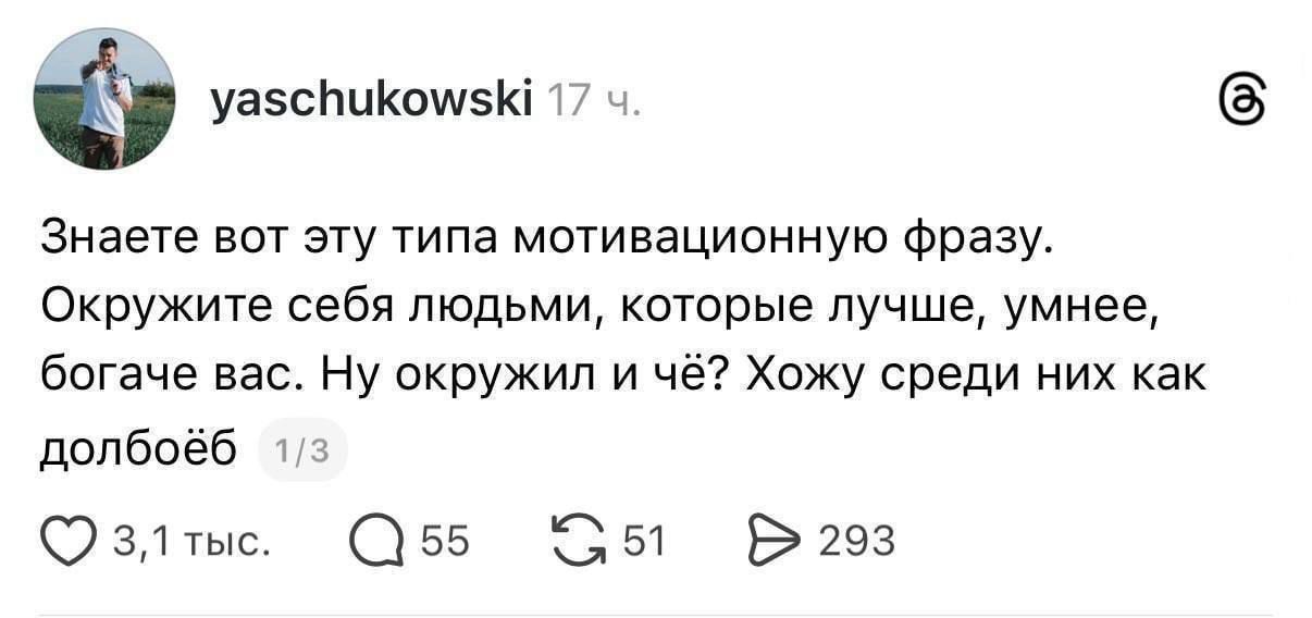 Знаете вот эту типа мотивационную фразу. Окружуйте себя людьми, которые лучше, умнее, богаче вас. Ну окружил и чё? Хожу среди них как долбо́б.