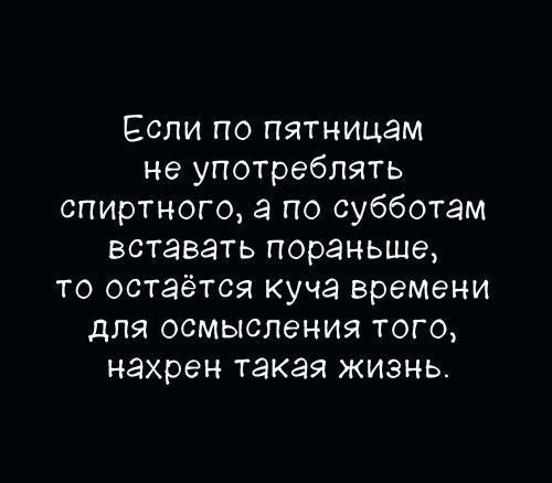 Если по пятницам не употреблять спиртного, а по субботам вставать пораньше, то останется куча времени для осмысления того, нахрен такая жизнь.