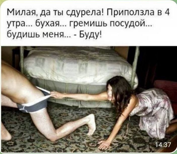 Милая, да ты су... Приползла в 4 утра... бухая... гремишь посудой... будишь меня... – БУДУ!