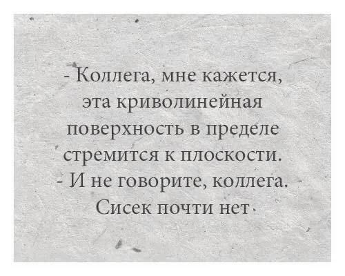 - Коллега, мне кажется, эта криволинейная поверхность в пределе стремится к плоскости. - И не говорите, коллега. Сисек почти нет.