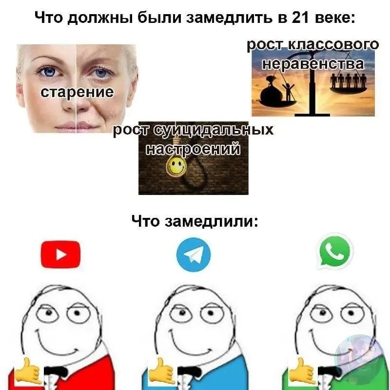 Что должны были замедлить в 21 веке: старение, рост суицидальных настроений, рост классового неравенства. Что замедлили: YouTube, Telegram, WhatsApp