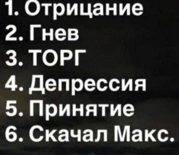 1. Отрицание 2. Гнев 3. ТОРГ 4. Депрессия 5. Принятие 6. Скачать Макс.