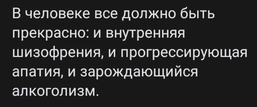 В человеке все должно быть прекрасно: и внутренняя шизофрения, и прогрессирующая апатия, и зародившийся алкогольизм.
